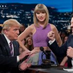 جیمی کیمل از تیلور سوئیفت در برابر انتقادات ترامپ دفاع کرد 3 Jimmy Kimmel on a late night talk show set passionately defending Taylor Swift against Donald Trumps criticism. Taylor Swift is shown in the background with a confident smile while Trump looks